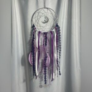 Purple and White Dreamcatcher with Moon Charm Bohemian Decor Feathers Ribbons